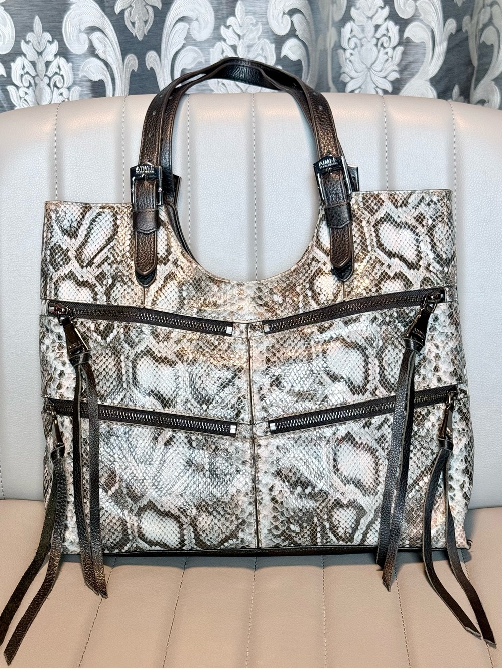 Aimee Kestenberg Macau Tote Shoulder Bag Black Grey Snake Skin Leather